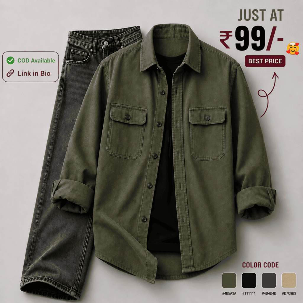 Premium Olive Green Casual Shirt & Charcoal Black Denim Jeans Combo