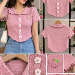 Pink Textured Smocked Crop Top with Floral Buttons