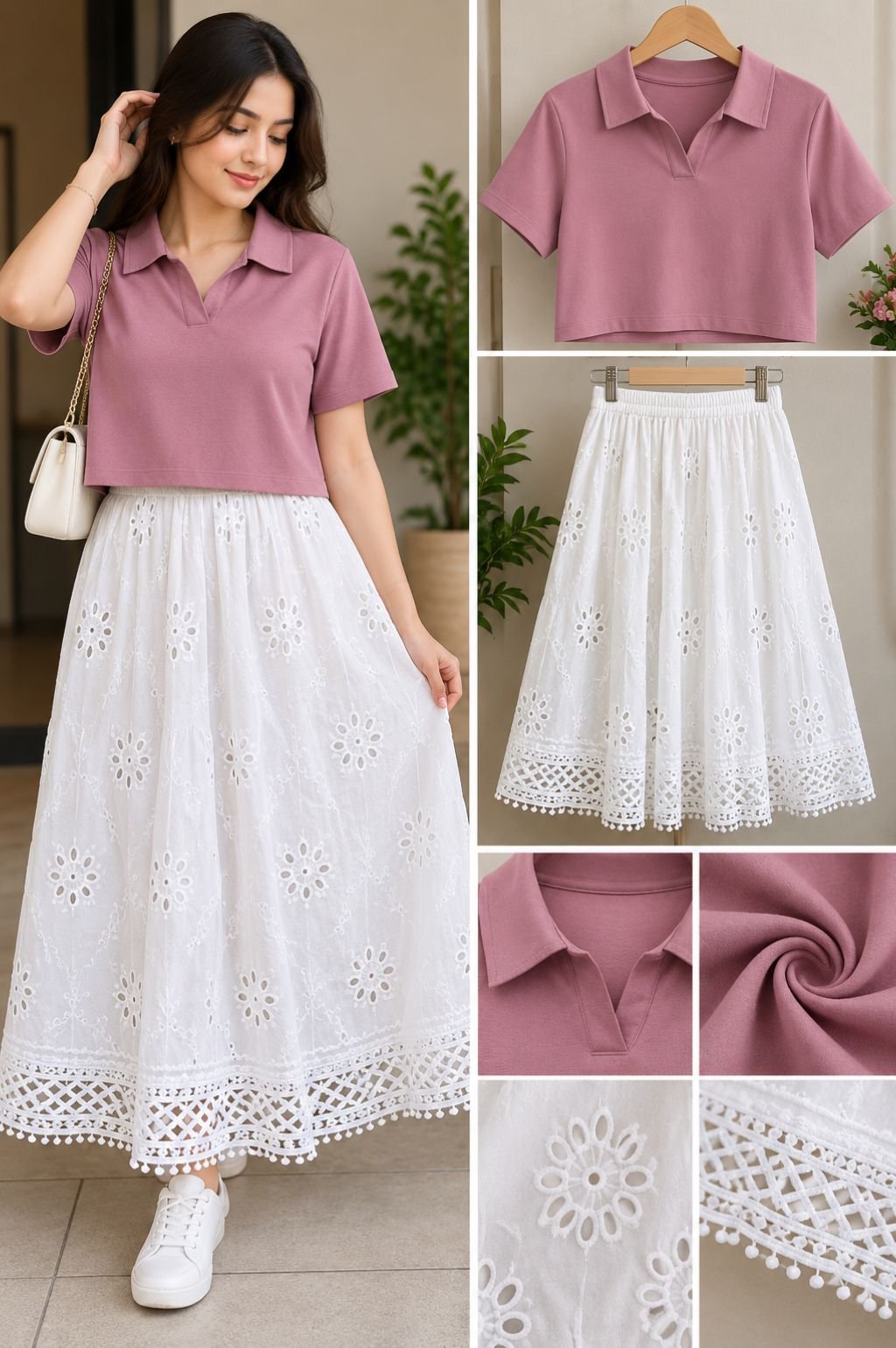 Mauve Collared Crop Top with White Eyelet Lace Midi Skirt