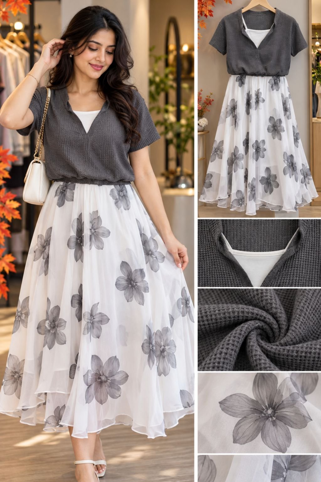 Grey Waffle Knit Top with Grey Floral Chiffon Maxi Skirt