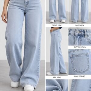 Light Blue Washed High-Waist Wide-Leg Jeans