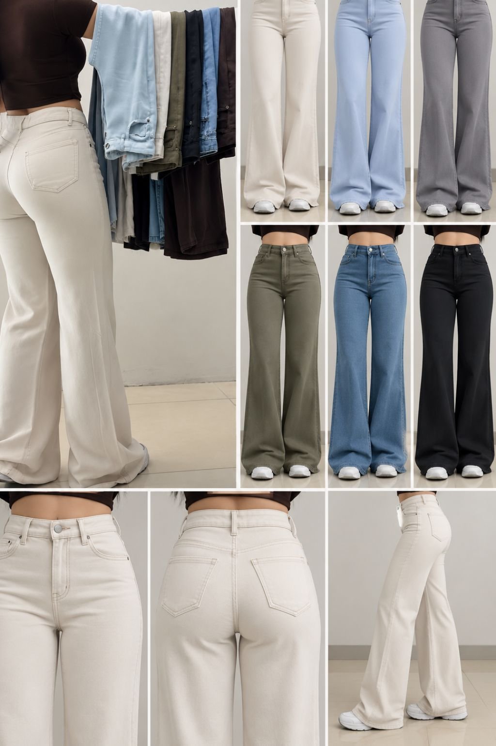 Ivory Beige High-Waist Flared Jeans