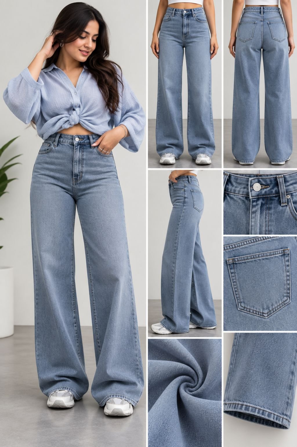 Medium Blue High-Waist Wide-Leg Jeans