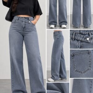Blue Asymmetric Cross-Waist High-Waist Wide-Leg Jeans