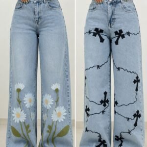 Light Blue Daisy Floral Print High-Waist Wide-Leg Jeans