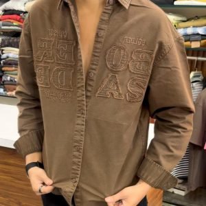 Men's Brown Oversized Applique Overshirt - Washed Cotton Full Sleeve Drop Shoulder Shirt
