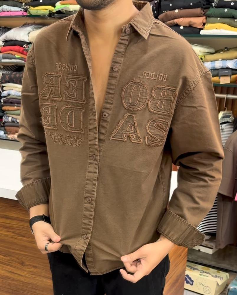 Men's Brown Oversized Applique Overshirt - Washed Cotton Full Sleeve Drop Shoulder Shirt