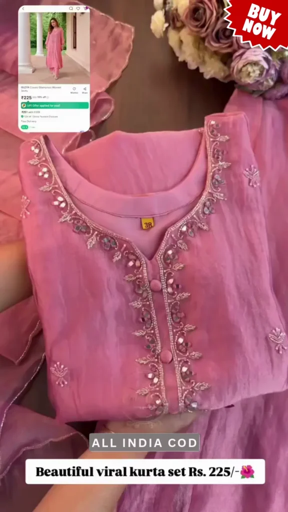 Elegant Pink Organza Kurta Set with Mirror Work
