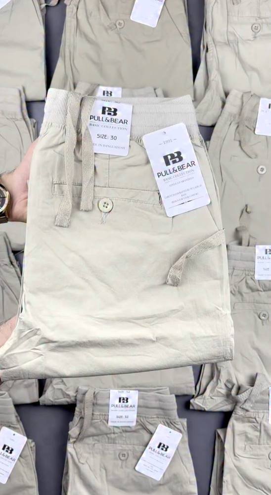 Men’s Beige Cotton Cargo Trousers – Ribbed Drawstring Waist Relaxed Fit Casual Pants