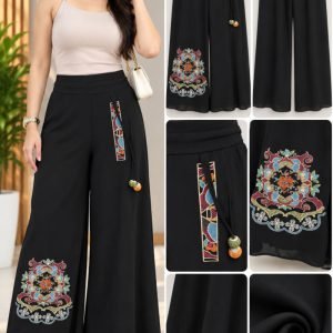Ladies Black Embroidered Wide-Leg Palazzo Pants