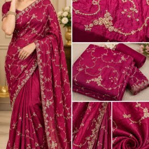 Magenta Pink Golden Embroidered Saree