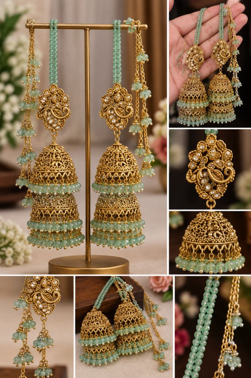 Mint Green Jhumka Earrings with Maang Tikka Set