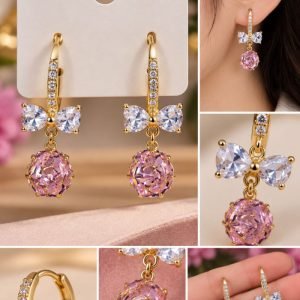 Pink Crystal Bow Drop Earrings