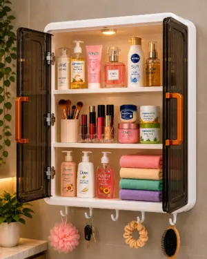 Elegant Wall-Mounted Bathroom Storage Cabinet featuring Integrated Hooks