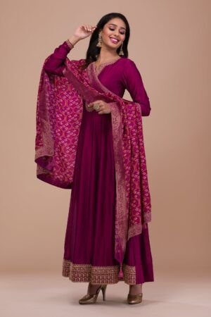 Wine-Toned Zariwork Silk Anarkali Suit - Ready-Made Ethnic Wear